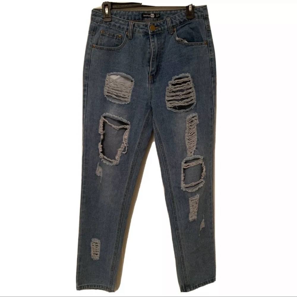 Boohoo blue ripped mom jeans high waist
